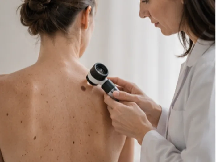 Hautkrebsscreening ab wann – Dermatologin untersucht den Rücken in Rostock bei Dr. Dr. Ole Jung